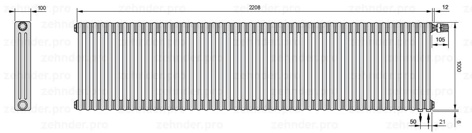Схема (чертеж) Радиатор Zehnder Charleston 3100/48 №V002 Белый глянцевый RAL 9016